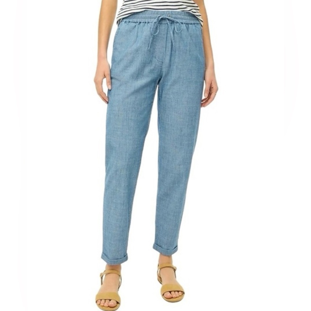 J crew cotton chambray pants with cuffed bottoms and elastic waistband